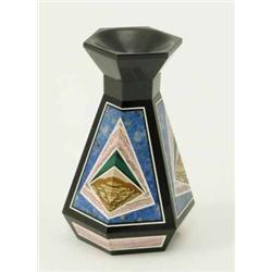 A gemstone posy vase, inlaid with a variety of variegated stones in geometric design, 4.25ins...