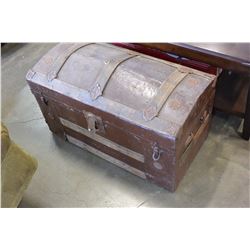 WOOD BOUND METAL TRUNK WITH PRINTS