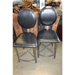 PAIR OF BLACK LEATHER AND METAL STOOLS