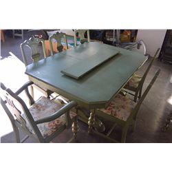 VINTAGE PAINTED SPIESZ FURNITURE TABLE WITH 2 LEAFS AND 6 CHAIRS