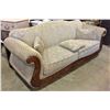 Image 2 : DESIGNER ROLLED ARM CARVED WOOD SOFA WITH 3 PILLOWS