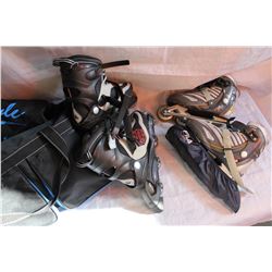 ROLLING SPORTS BAG AND TWO PAIR OF ROLLER BLADES