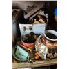 Image 1 : BOX AND TRAY OF SMALL INSTRUMENTS AND GLASS BOTTLES AND VINTAGE KITCHEN ITEMS