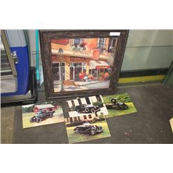 CAFE PRINT AND FOUR SMALL OLD CAR PRINTS