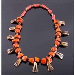 Navajo Buffalo Teeth and Coral Necklace