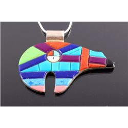 Navajo Sterling Silver Bear Inlaid Stone Necklace