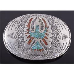 Signed Navajo Turquoise, Oxblood Coral Belt Buckle