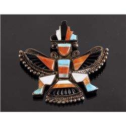 Signed Zuni Birdman Multistone & Silver Brooch Pin