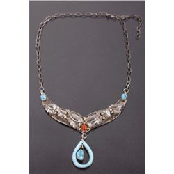 Signed Navajo Sterling & Turquoise, Coral Necklace