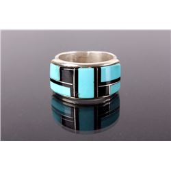 Navajo Sterling Inlay Ring With Turquoise and Jet