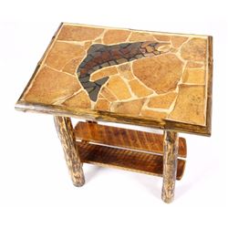 Rustic Inlaid Stone & Peeled Log Trout End Table