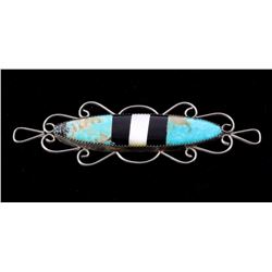 Zuni Sterling Inlaid Turquoise & Jet Brooch