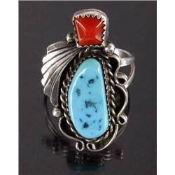 Navajo Silver, Oxblood Coral, & Turquoise Ring