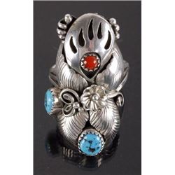 Signed Navajo Silver, Turquoise, & Coral Ring