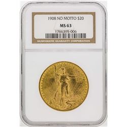 1908 No Motto $20 Saint Gaudens Double Eagle Gold Coin NGC MS63