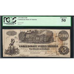 1862 $100 Confederate States of America Note T-39 PCGS About New 50