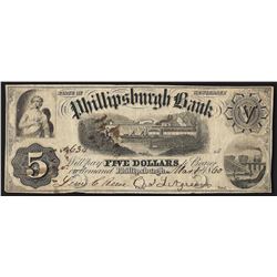 1860 $5 The Phillipsburgh NJ Obsolete Bank Note