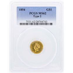 1854 $1 Indian Princess Gold Dollar Coin Type 2 PCGS MS62