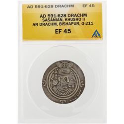 AD591-628 Drachm Sasanian Khusro II AR Drachm Bishapur G-211 Coin ANACS EF45