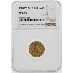 1920-M Mexico 5 Peso Gold Coin NGC MS63