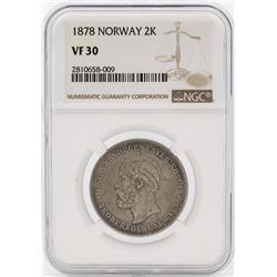 1878 Norway 2 Kroner Silver Coin NGC VF30