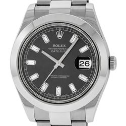 Mens Rolex SS 41MM Dark Rhodium Baguette Diamond Datejust 2 Oyster Band Wristwat