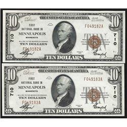 Lot of (2) Consecutive 1929 $10 First National Bank of Minneapolis MN Notes