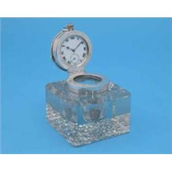 An Edwardian silver and glass inkwell, of chamfered square form, with pocket watch lid, Birmingha...
