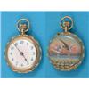 Image 1 : An Edwardian 12ct gold keyless fob watch, with Arabic dial, enamelled with doves over a lake...