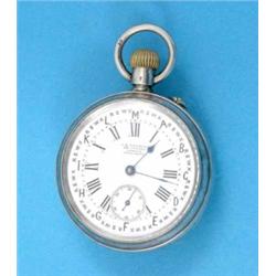 A Swiss silver twin-dial keyless Surveyors pocket watch, with enamelled Roman dial with outer A t...