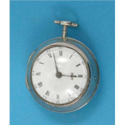 A George III silver pair case pocket watch, the enamelled dial with inner Roman and outer Arabic...