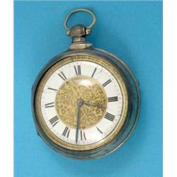 A George IV silver pair case pocket watch, the floral engraved gilt dial with enamelled Roman cha...