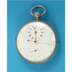 A William IV silver pocket watch, the enamelled dial with subsidiary hours/minutes dial with gold...