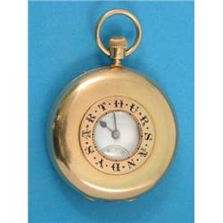 An 18ct gold keyless half hunter, the plain case engraved with a monogram beneath a coronet and e...