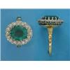 Image 1 : A gold emerald and diamond cluster ring, the oval claw-set emerald, weighing approximately 7cts,...