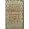Image 1 : A George III sampler, worked with the alphabet, numerals, verse, pattern bands, 2 gentlemen and m...