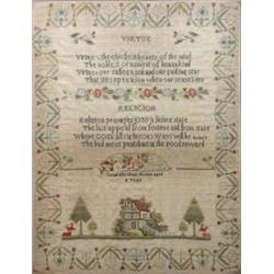 An early Victorian sampler, worked with the verses ‘Virtue’ and ‘Religion’, a cottage in a deer a...