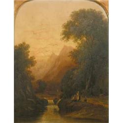 Attributed to James Price (fl.1842-1876) oil on wooden panel, Riverscape with angler and bridge,...