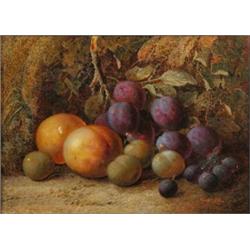 Vincent Clare (1855-1930) oil on canvas, Still life of peaches, plums, greengages and grapes, sig...