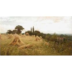 Henry J Kinnaird (fl.1880-1908) oil on canvas, Cornstalks in a field, extensive landscape beyond,...