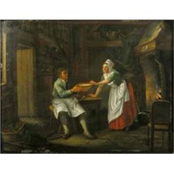 Late 18th/early 19th C. Continental School oil on wooden panel, Cottage interior, 10.5 x 13.5 ins...