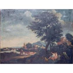 18th C. Italian School oil on canvas, Landscape with figures resting and cattle drover, 25 x 33 i...