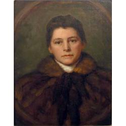 George Frederick Bird (b.1883) oil on canvas, Portrait of Kitty Bird, wearing a fur cape, 22 x17...