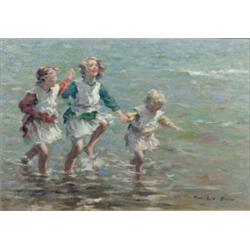 William Marshall Brown (1863-1936) oil on canvas, 'Romping', signed, original label verso, 10 x 1...