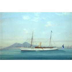 De Simone (19th C.) Italian gouache, Steam Yacht Zoraide with Vesuvius beyond, signed, 16 x 23.5...