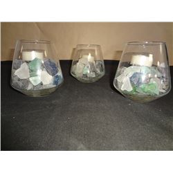 3 Small Glass Vases with Beach Glass inside