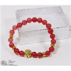#75-RED RUBY BEAD BRACELET LION HEAD  7.5"