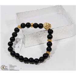 #37-NATURAL BLACK AGATE BEAD BRACELET /8MM