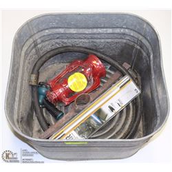 VINTAGE WASHTUB WITH DRAIN AND ASSORTED ITEMS