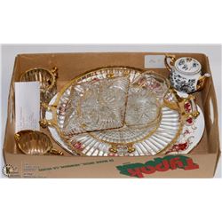 7) FLAT W/ GOLD TRIM DISHES INCL PLATTERS, TEAPOT,